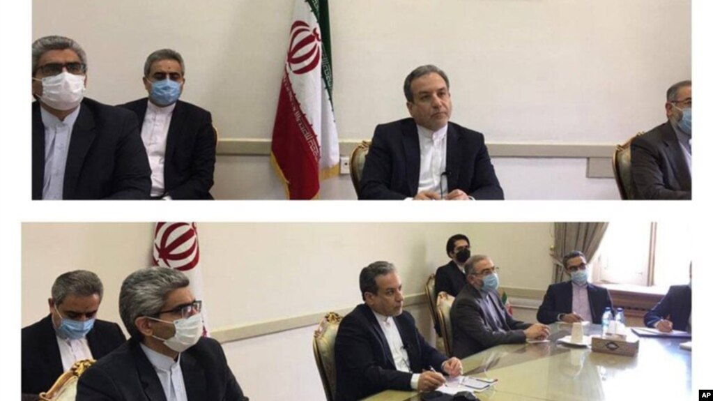 伊朗外交部发布的照片显示伊朗外交官2021年4月2日在德黑兰同主要国家代表就核协议举行视频会议。欧盟代表也在座。(photo:VOA)