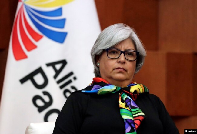 FILE - Mexico's Economy Minister Graciela Marquez looks on during a news conference after attending a meeting in Mexico City, Mexico, May 10, 2019.