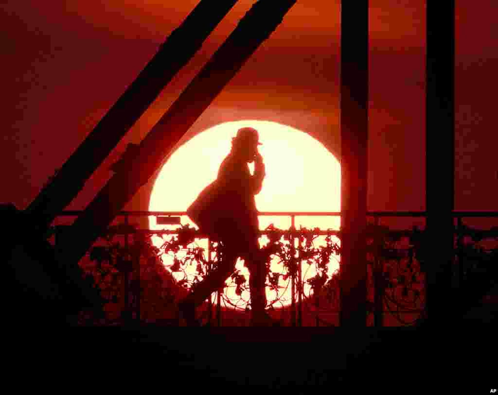 The sun rises behind the 'Eiserne Steg' (Iron Footbridge) bridge in Frankfurt, Germany.