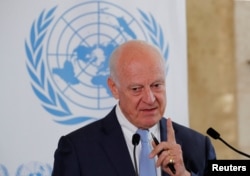 FILE - U.N. Syria envoy Staffan de Mistura attends a news conference at the United Nations in Geneva, Switzerland, Sept. 4, 2018.