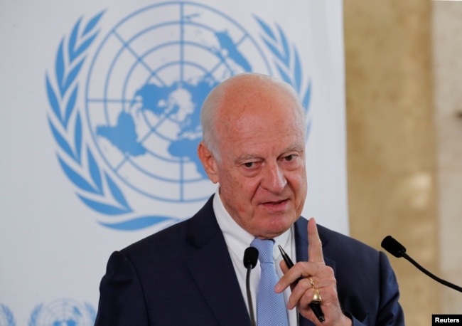 FILE - U.N. Syria envoy Staffan de Mistura attends a news conference at the United Nations in Geneva, Switzerland, Sept. 4, 2018.