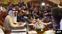 Saudi Energy Minister Khalid al-Falih speaks to the press during the one-day OPEC+ group meeting in the Saudi city of Jeddah, May 19, 2019. 