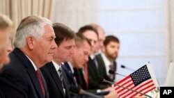 FILE - U.S. Secretary of State Rex Tillerson listens as Pakistani Prime Minister Shahid Khaqan Abbasi (not pictured) speaks during their meeting at the Prime Minister's residence, Oct. 24, 2017, in Islamabad, Pakistan.