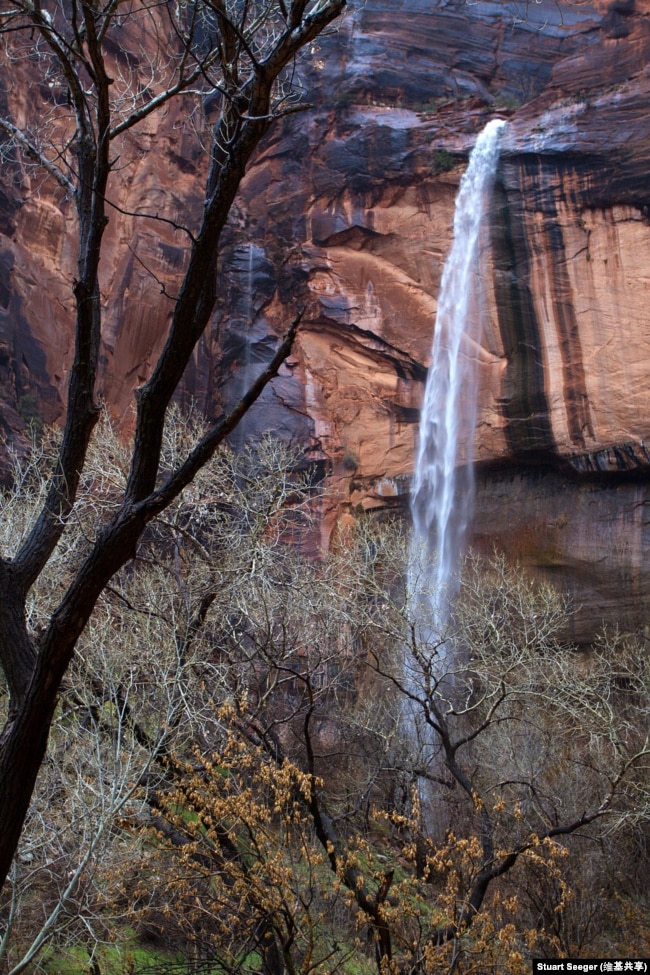 A waterfall at Emerald Pools in Zion National Park