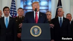 El presidente de EE.UU., Donald Trump, habla desde la Casa Blanca el miércoles, 8 de enero de 2020, sobre el ataque con misiles iraníes a bases iraquíes que albergan soldados estadounidenses.