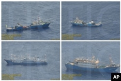 FILE - This combination of Sept. 3, 2016, photos provided by the Philippine Government shows what it says are surveillance pictures of Chinese coast guard ships and barges at the Scarborough Shoal in the South China Sea.