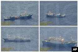 FILE - This combination of Sept. 3, 2016, photos provided by the Philippine government shows what it says are surveillance pictures of Chinese coast guard ships and barges at the Scarborough Shoal in the South China Sea.