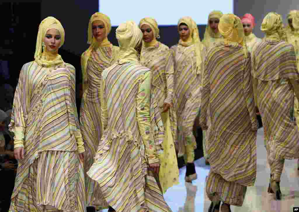 Models presents creations designed by Ya Jameel at the Islamic Fashion Festival in Kuala Lumpur Malaysia.