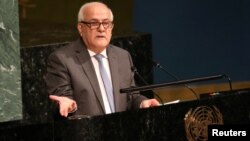 L'ambassadeur palestinien auprès de l'ONU,Riyad Mansour, devant l'Assemblée générale des Nations Unies, New York, le 13 juin 2018. 