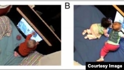 Examples of the study show the individual and paired language learning sessions in which the children interact with a video screen. (Photo courtesy of the study's authors)