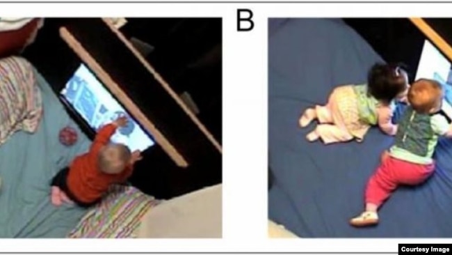 Examples of the study show the individual and paired language learning sessions in which the children interact with a video screen. (Photo courtesy of the study's authors)