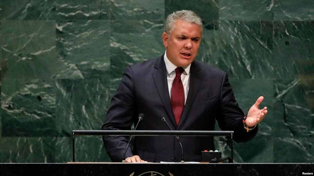 El presidente de Colombia, Ivan Duque, se dirige a la 74a sesión de la Asamblea General de las Naciones Unidas en la sede de la ONU en la ciudad de Nueva York.