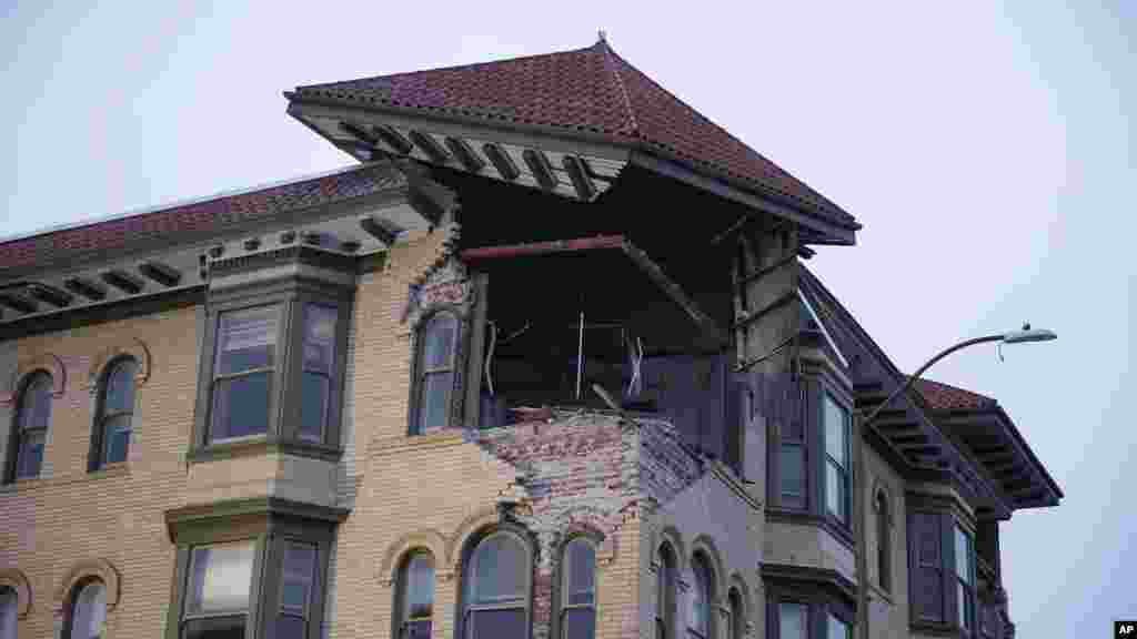 The top corner of a building is exposed following an earthquake in Napa, California, Aug. 24, 2014.