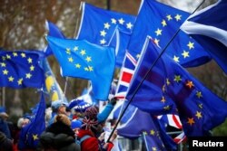 Anti-Brexit demonstrators wave flags outside the Houses of Parliament in London, Britain, Dec. 10, 2018.
