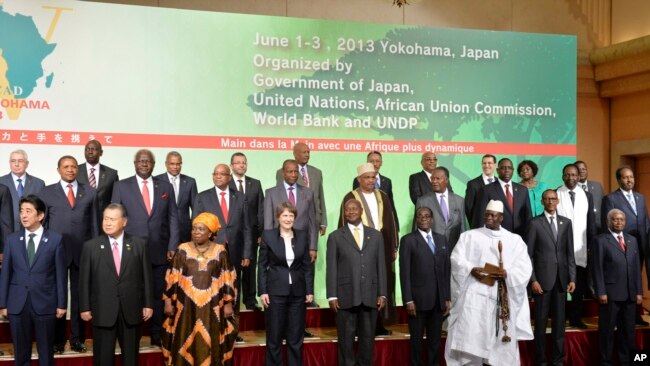 日本首相安倍晋三与出席东京非洲发展国际会议的非洲国家代表。(2013年6月1日)