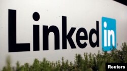 FILE - The logo for LinkedIn Corporation, a social networking networking website for people in professional occupations, is shown in Mountain View, California, Feb. 6, 2013. 