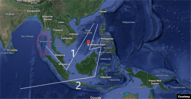 Vị trí của bãi Ba Đầu và cụm Union Bank trên 2 tuyến đường biển đi qua Biển Đông. Tuyến số 1 đi qua eo biển Malacca, có thể bị căn cứ quân sự trên chuỗi đảo Andaman trên Ấn Độ Dương, nằm ở cửa phía tây eo biển, khóa lại. Ảnh Google map, chú thích và minh họa của tác giả.
