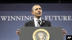President Barack Obama speaks at Northern Michigan University in Marquette, Michigan, February 10, 2011