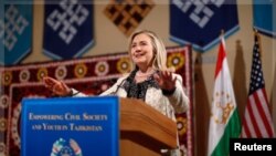U.S. Secretary of State Hillary Clinton speaks at a town hall discussion in Dushanbe, Tajikistan, October 22, 2011.