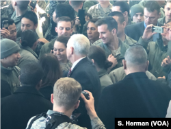 After his speech, U.S. Vice President Mike Pence speaks to the troops gathered in a hangar at Yokota Air Base Japan, Feb. 8, 2018. The crowd was estimated at 500.