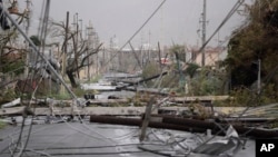 Electricity poles and lines lay toppled on the road after Hurricane Maria hit the eastern region of the island, in Humacao, Puerto Rico, Wednesday, Sept. 20, 2017. (AP Photo/Carlos Giusti)