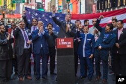 New York City Mayor Bill de Blasio speaks during a rally in support of Muslim Americans and protest of President Donald Trump's immigration policies in Times Square, New York, Sunday, Feb. 19, 2017.