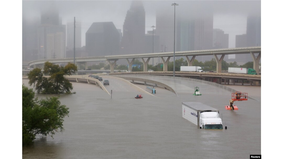 Interstate 45 is submerged from rain that arrived with Harvey in Houston, Texas, Aug. 27, 2017. With the heavy precipitation expected to last for days, it's still unclear how bad the damage will be, but there is already evidence of widespread losses.