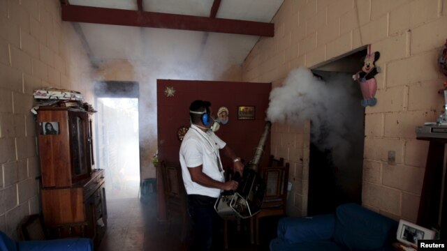 Un trabajador de Salud fumiga una casa en el barrio de Altos del Cerro en El Salvador, como parte de una campaña preventiva contra el virus del Zika.