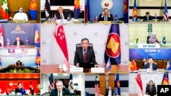 Ngoại trưởng Pompeo (hàng dưới, thứ hai từ trái sang) trong cuộc họp trực tuyến với các nhà ngoại giao ASEAN.