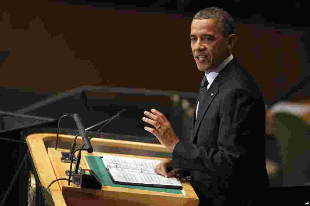 ປະທານາທິບໍດີ Barack Obama ກ່າວຄໍາປາໄສ ຕໍ່ກອງປະຊຸມປະຈໍາປີທີ 67 ຂອງສະມັດຊາໃຫຍ່ ສະຫະປະຊາຊາດ ທີ່ນະຄອນນິວຢອກ, ວັນທີ 25 ກັນຍາ 2012.