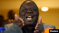 Zimbabwe's Prime Minister Morgan Tsvangirai gestures during a media briefing in Harare Aug. 3, 2013. 