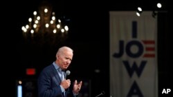 Former Vice President and Democratic presidential candidate Joe Biden speaks during a rally, May 1, 2019, in Des Moines, Iowa. 