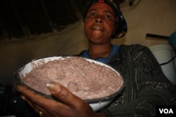 Shebeen owner Nongezile Mdibanto displays sorghum that she’s going to make beer from … She blames the community law for falling sales (D. Taylor/VOA)