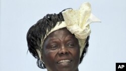 Mshindi wa tunzo ya Amani ya Nobel Wangari Maathai akishiriki kwenye majadiliano katika chuo kikuu cha Nairobi, Machi 8, 2010.