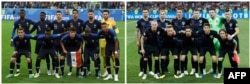 A combination of file pictures shows France’s squad (L) in St. Petersburg on July 10, 2018, and Croatia’s squad in Sochi on July 7, 2018, during the Russia 2018 World Cup soccer tournament.