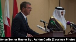 U.S. Secretary of Defense Ash Carter speaks with reporters during a joint news conference with Gulf Cooperation Council Secretary General Abdullatif bin Rashid Al Zayani, right, in Riyadh, Saudi Arabia, April 20, 2016. 
