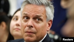 FILE - U.S. Ambassador to Russia Jon Huntsman is pictured at a news conference in Moscow, June 27, 2018. Huntsman on Jan. 2, 2019, visited American Paul Whelan, who has been detained on espionage charges in Russia.