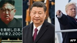 Le président chinois Xi Jinping (C) au Grand Palais du Peuple à Beijing le 20 avril 2017, le leader nord-coréen Kim Jong-Un (G) sur un grand écran vidéo à Tokyo au Japon le 15 septembre 2017 et le président américain Donald Trump (D) à la base aérienne d'Andrews le 7 octobre 2017. 