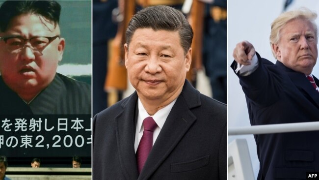 Chủ tịch Trung Quốc Tập Cận Bình (giữa), Lãnh tụ Triều Tiên Kim Jong Un (trái) và Tổng thống Hoa Kỳ Donald Trump
