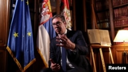 Serbian President Aleksandar Vucic speaks during an interview with Reuters in Belgrade, Serbia, March 21, 2019. 