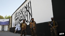 塔利班特种部队成员在喀布尔的美国驻阿富汗大使馆外一面画有塔利班旗帜的墙前站岗。（2021年9月8日）