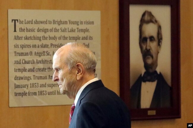 The Church of Jesus Christ of Latter-day Saints President Russell M. Nelson leaves after a news conference at the Temple Square South Visitors Center, April 19, 2019, in Salt Lake City.
