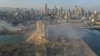 Foto yang diambil dengan drone ini menampilkan lokasi ledakan di pelabuhan Beirut, Lebanon, Rabu, 5 Agustus 2020. (AP Photo/Hussein Malla)