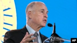 California Gov. Jerry Brown said he will need Republican's help to renew California's cap-and-trade program, while speaking at the California Chamber of Commerce 92nd Annual Sacramento Host Breakfast, June 1, 2017, in Sacramento, California. 