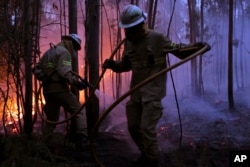 Portuguese National Republican Guard firefighters work to stop a forest fire from reaching the village of Avelar, central Portugal, June 18 2017.