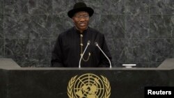 Nigeria's President Goodluck Jonathan addresses the 68th United Nations General Assembly, September 24, 2013.