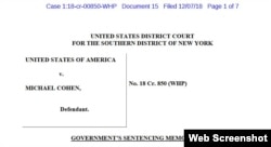 Seven-page government sentencing document for Michael Cohen, President Trump's former lawyer.