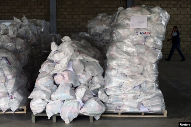 Sacks containing humanitarian aid are pictured at a warehouse near the Tienditas cross-border bridge between Colombia and Venezuela in Cucuta, Colombia, Feb. 14, 2019.