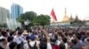 In Myanmar, also known as Burma, a student activist speaks during a protest of constitutional amendments, downtown Yangon, June 30, 2015.