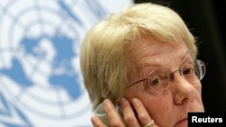 Member of the Commission of Inquiry on Syria Carla del Ponte listens during a news conference at the United Nations European headquarters in Geneva, February 18, 2013.